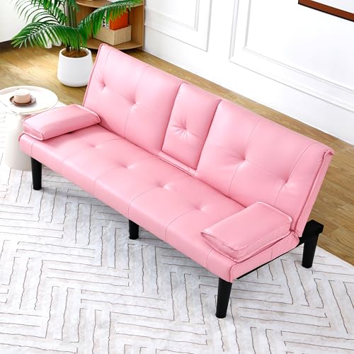 67-inch PVC Sofabed Convertible Sleeper Sofa Bed w/Cup Holders &3 Reclining Backrest Futon Sofa Bed Love Seat Couch Modern Small Couches for Small Spaces for Living Room Office Apartment (Pink) GOAWGO