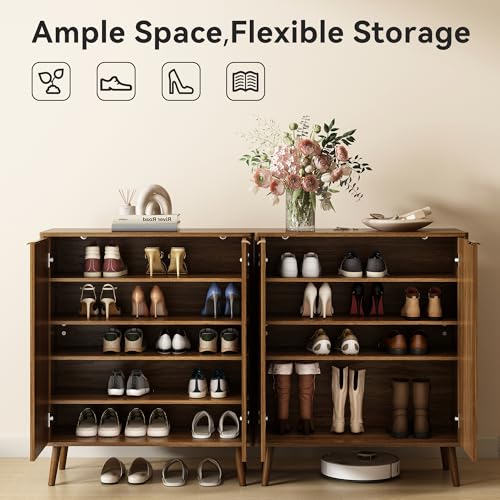 Sscaktu Fluted Shoe Cabinet with Doors, 5-Tier Shoe Storage Cabinet with Adjustable Shelves, Wooden Freestanding Shoe Organizer Shoe Cabinet for Entryway,Hallway,Living Room, Natural Oak Sscaktu