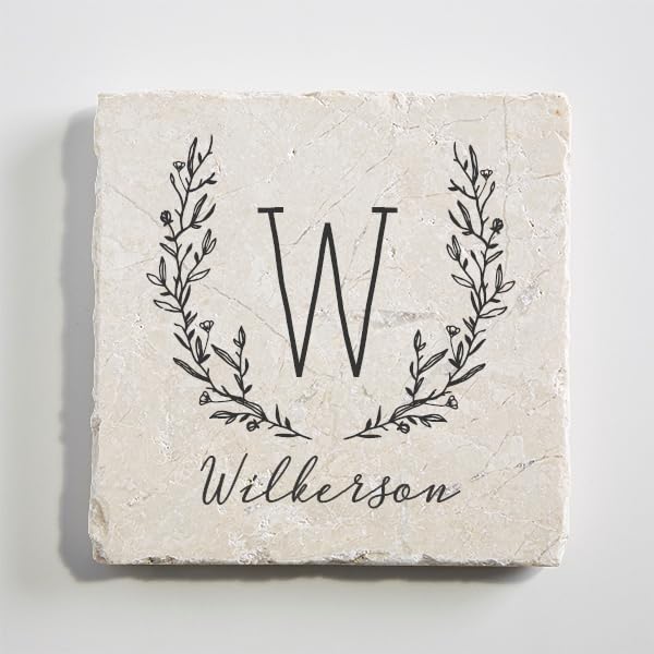 Personalization Universe Farmhouse Floral Personalized Tumbled Stone Coaster Set - Custom with Name & Initial, Set of 4 Marble Stone Coasters, Wedding Gifts, Housewarming Gift Ideas, Bar Table Décor Personalization Universe