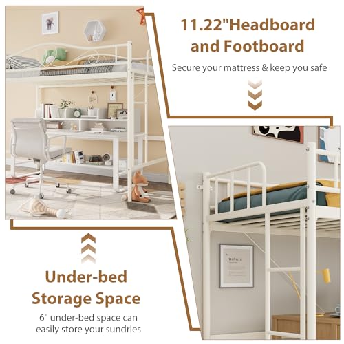 IDEALHOUSE Loft Bed Twin Size with Ladder & Full Safety Guardrail, Heavy Duty Metal Twin Loft Bed 400 Lbs Load Capacity, Space-Saving, Noise Free, No Box Spring Needed, Easy Assembly, Cream White IDEALHOUSE