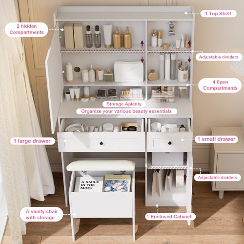 Hogxp Vanity Table with Hidden Storage & LED Mirror - Includes Padded Stool, 5 Compartments, 2 Drawers & 1 Storage Cabinet - Ideal Bedroom Makeup Dressing Table White Hogxp