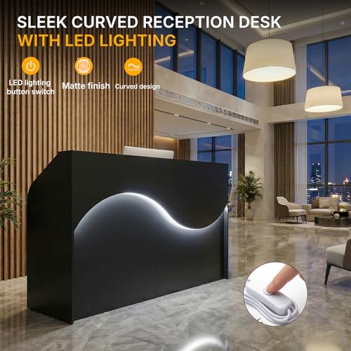 Reception Desk with Counter, Modern Front Desk Reception Room Table with LED Lights, Retail Checkout Counter with Lockable Drawers & Power Outlets for Lobby, Salon, Home Office Desk, Black