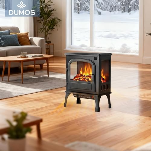 DUMOS Electric Fireplace Heater, 26” Freestanding Electric Fireplace Stove with 3D Flame Effect & Remote Control, Stylish Stove for Home with Safety Features, Adjustable Heat & 12H Timer, Charcoal DUMOS