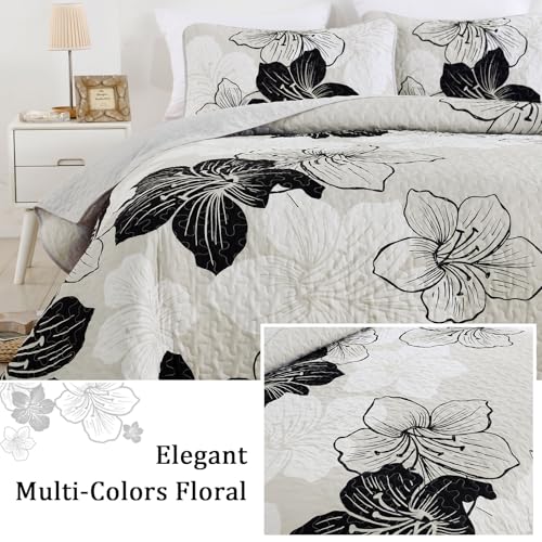 DJY Black White Quilt Set Queen 3 Pieces Floral Bedding Quilt Set Soft Botanical Bedspread with 2 Pillow Shams Lightweight Flower Quilt Coverlet Set for All Season 90''x 96'' DJY