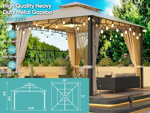 Hardtop Metal Gazebo,Heavy Duty Pergola with Mosquito Nets&Strip Lights,Galvanized Steel&Polycarbonate Roof,Sturdy Outdoor Canopies Tent,Suitable (Waterproof Fabric, 10X12 Soft Double Roof) Sannwsg