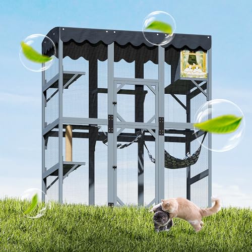COZIWOW 72Inches Large Wood Catio Outdoor Cat Enclosure with Waterproof Roof, Multi-Level Cat House for 2-3 Cats, Spacious Perches, Hammock, and Scratching Post(Grey Fashion Pattern) COZIWOW
