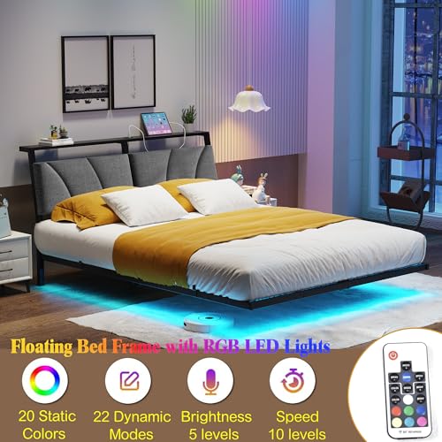 Floating Queen Bed Frame with Storage Headboard Charging Station and Led Lights,Platform Bed Frame Queen Size with Upholstered Headboard,No Box Spring Needed,Heavy Duty Meal Slats Support,No Noise SOLACECASA