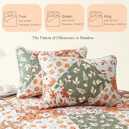 Whale Flotilla Patchwork Quilt Twin Size, Extra Soft Boho Floral Bedspreads for Bed Reversible Lightweight Twin Quilt Bedding Set Printed Coverlets with 1 Pillow Sham for All Seasons, Orange Whale Flotilla