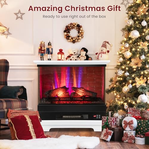ORALNER 27” Electric Fireplace with Mantel, 3-Sided Glass View, Wooden Surround Firebox, Freestanding Fireplace Heater w/ 7 Flame Colors, Remote & 6H Timer, Overheat Protection, 1400W (White) ORALNER