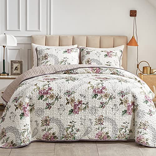 Flysheep 2 Pieces Quilt Set Twin Size, Beige Floral Reversible Bedspread Coverlet Set, Soft Microfiber Lightweight Bed Cover for Kids (68" x 86", 1 Quilt+ 1 Pillow Sham) Flysheep