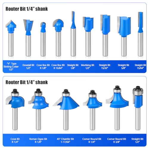 Router Bits Set of 15 Pieces 1/4 Inch Woodwork Tools for Beginners,Chamfer Router Bits for Woodworking on Wood Chamfer Router Bits for Woodworking on Wood (1/4 inch Shank, 15 Pieces) JGZUI