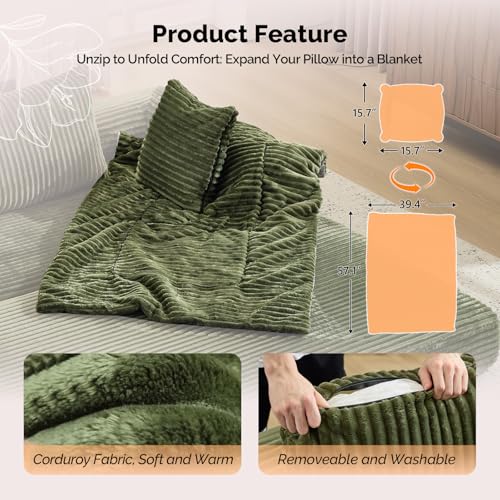 VINGLI Convertible Futon Sofa Bed, Upholstered Corduroy Boneless Couch King Size Floor Loveseat Sleeper Sofa with 2-in-1 Throw Pillow, Couches for Living Room, Bedroom, Lounge, Green VINGLI