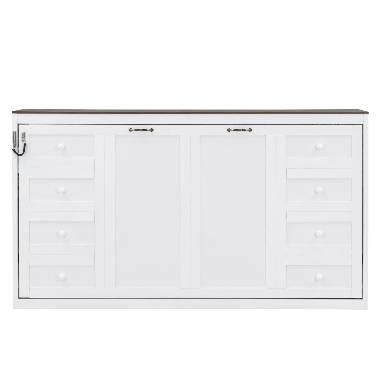 SOFTSEA Twin Size Horizontal Murphy Bed with LED Light, Foldable Wall Bed with Brown Top, Hidden Pull Down Murphy Bed Cabinet Space-Saving for Guest Room Bedroom Office, White SOFTSEA