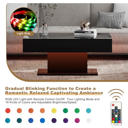 HedoAjim Led Coffee Table for Living Room, Living Room Table Rectangular Center Table, Modern High Glossy Wooden Coffee Tables with 16 Colors LED Lights for Dining Reception Room, Black HedoAjim