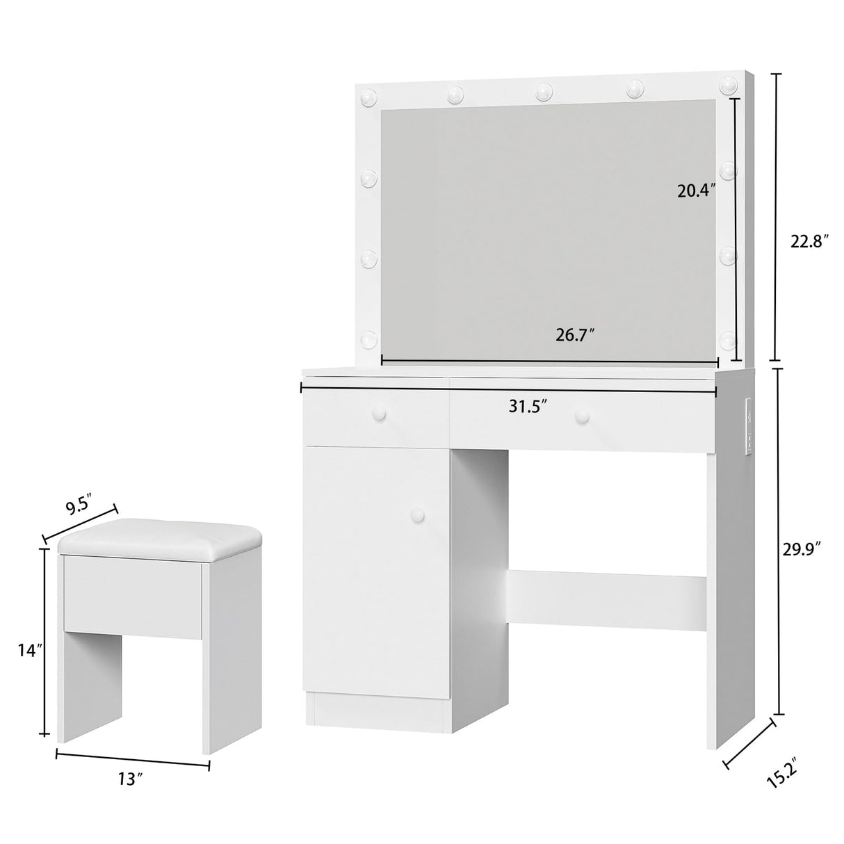 Haewon Vanity Desk with Mirror, 11 LED Lights and Power Outlet, Makeup Vanity Set with Storage Cabinet, Drawers and Chair, White Dressing Table with 3 Adjustable Light Modes for Bedroom Haewon