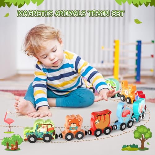 Zeoddler Toys for Toddlers, 11 Magnetic Wooden Animals Train Set, Montessori Toys for Toddlers, Learning Activities, Sensory Toys for Kids, Birthday Gifts for Boys, Girls Zeoddler