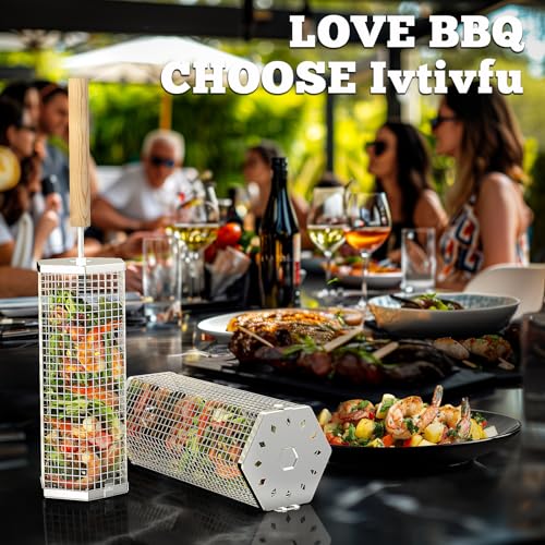 Ivtivfu Nesting Grill Baskets (2PCS, 2024), Removable Wooden Handle, 304 Stainless Steel, Rolling Grilling Net, BBQ Accessories Tools for Vegetables Shrimp, Outdoor Cooking Camping, Gifts for Men Dad Husband Ivtivfu