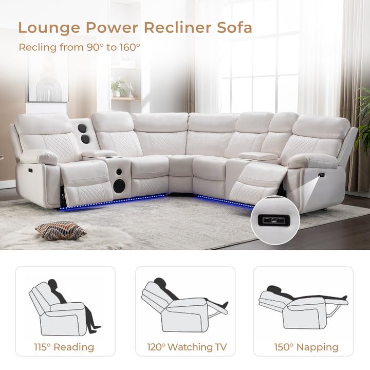 Power Recliner Sectional Sofa Wall Hugger with Bass Speakers,LED Strip,USB Ports,Storage Console,Cup Holders,Faux Leather Reclining Sectional Couch with 2 Recliners for Living Room,5 Seats,White Comfort Stretch