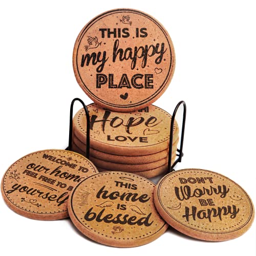 Coasterlux Cork Coasters for Drinks Absorbent with Holder - Cute & Funny Set of 8 Large Round Outdoor Cup Wooden Table Protection, Coffee Trivet, Cups and Mugs Cool Drink Coaster Gift Coasterlux