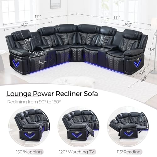 Power Electric Recliner Sectional Sofa Couch with Bass Speakers for Living Room, Faux Leather Sectional Reclining Corner Couches Sets with LED Lights, Home Theater Sectionals with Recliners, Black