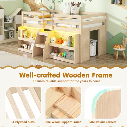 Giantex Low Loft Bed with LED Lights, Wooden Twin Loft Bed with Stairs & Safety Guardrail, Loft Bed Twin Size with Storage Bookcase and Under-Bed Play Space, Loft Bed for Kids (Natural) Giantex