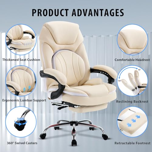 linting Ergonomic Reclining Office Chair with Footrest for Heavy People 400lbs Big Tall Comfortable Wide Recliner Home Office Desk Chair with Foot Leg Rest, Beige linting