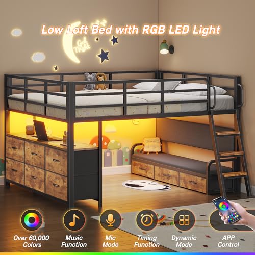 Dnxao Full Size Low Loft Bed with Desk,Full Size Bed Frame with 9 Storage Drawers, Kids Loft Bed with 15.8" H Safety Guardrail,Sofa,LED Lights & Charging Station,No Box Spring Needed,Rustic Brown Dnxao