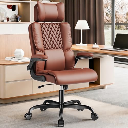 Sytas Executive Office Ergonomic Chair with Adjustable Headrest, PU Leather Desk Chair, High-Back Swivel Task Chair for Home Office, 135° Reclining, Brown Sytas