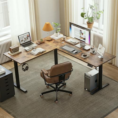 Agilestic L Shaped Standing Desk Adjustable Height, Electric Corner Standing Desk, 63 x 55 inch Sit Stand Computer Table with Splice Board, Rustic Brown Agilestic