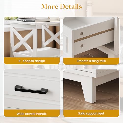 May in Color Set of 2 White Nightstand with 2 Drawers and Open Shelf, Bedside Table with Solid Feet, Modern Night Stand End Table for Bedroom, Living Room, Home Office May in Color
