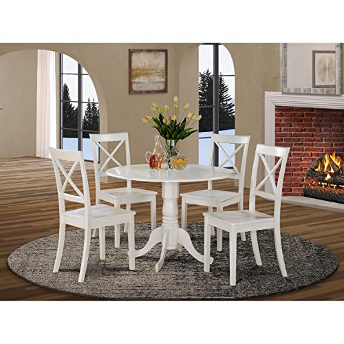 East West Furniture DLBO5-WHI-W 5 Piece Kitchen Table Set for 4 Includes a Round Dining Room Table with Dropleaf and 4 Solid Wood Seat Chairs, 42x42 Inch, Linen White East West Furniture