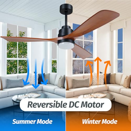ALUOCYI Wood Ceiling Fan with Light,Energy Saving,Ultra-Quiet DC Motor,3 Blades,6 Speed,Outdoor/Indoor Ceiling Fan for Patio,Deck,Porch,Bedroom,Living Room,Brown Walnut and Black ALUOCYI