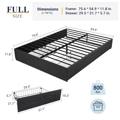 Allewie Full Size Metal Bed Frame with 2 Storage Drawers, Heavy-Duty Steel Frame with MDF Wood Panels, Flexible Drawer Placement, Easy Assembly, Noise-Free Support, Black Allewie