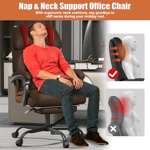 Ergonomic Office Chair with Footrest, 400lbs High Back Executive Home Office Computer Chair with Unique Ear-Shape Headrest for Neck Support,Coffee Leather Office Chairs for Home Office Work Hihady