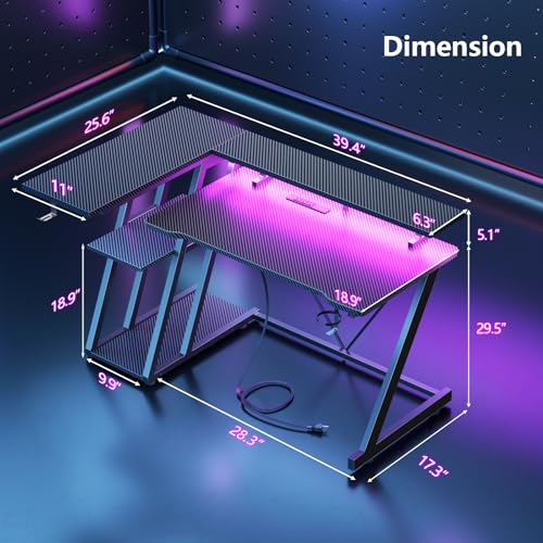 Korfile 40 Inch Gaming Desk with Power Outlet & LED Lights, L Shaped Computer Gaming Table with 3 Tiers Storage Shelves, Corner Gamer Desk with Monitor Stand for Small Space, Carbon Fiber Black Korfile