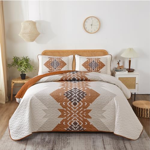 Dintszyayue Boho Quilt Set King Size 3 Pieces Aztec Texture Bedspread Coverlet Set Bohemian Quilt Bedding Set Microfiber Lightweight Bed Cover for All Seasons (Terracotta, 90"×103") Dintszyayue