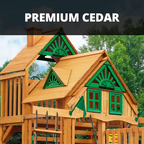 Gorilla Playsets 01-1037-AP Treasure Trove Treehouse Wood Swing Set with Tube Slide, Built-in Sandbox Area, and Clatter Bridge, Amber Gorilla Playsets