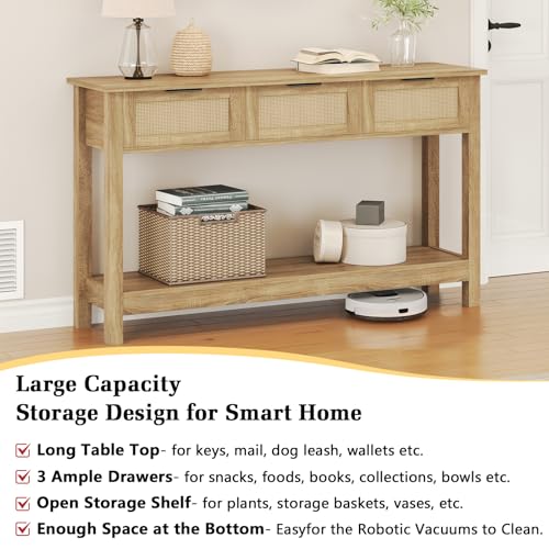 Luoxiao Rattan Console Table Boho Entryway Table with 3 Drawers Storage, Narrow Long Behind Couch Sofa Table for Living Room Side Table Entry Way Table Entrance Hallway Foyer, Natural, 47 Inch Luoxiao