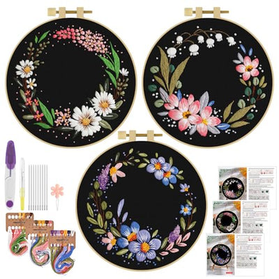 ERKOON 3 Sets Embroidery Kit, Floral Cross Stitch Set for Include Embroidery Cloth Hoops Threads for Craft Lover Hand Stitch (Garlands)