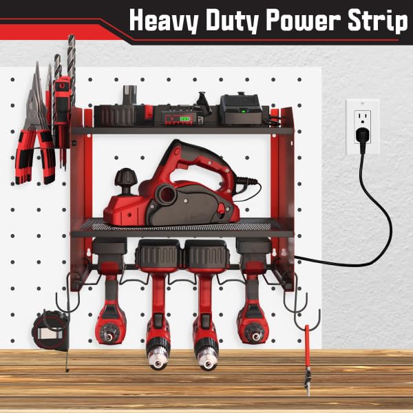 Stalwart Power Tool Organizer Wall Mount with Charging Station - 4 Drill Holder with 8 Outlet Power Strip - Garage Organizer Tool Storage Rack Stalwart