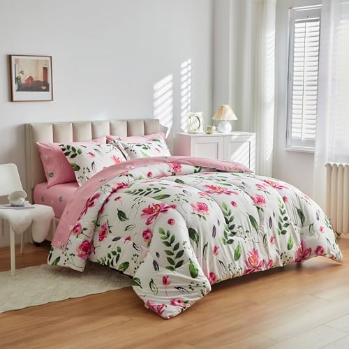 Shxime Floral Comforter Set 7 Pieces White with Green Leaves Pink Flowers Bed in a Bag King Size Reversible Bedding Set (1 Comforter 2 Pillow Shams 1 Flat Sheet 1 Fitted Sheet 2 Pillowcases) Shxime