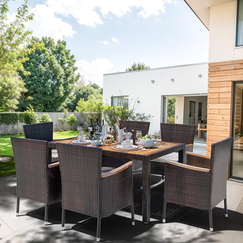 Shintenchi 7 Pieces Patio Dining Set, Wicker Patio Conversation Set with Wooden Table Top, Outdoor Table and Chairs with Soft Cushions for Backyard, Deck and Garden, Brown Rattan Shintenchi