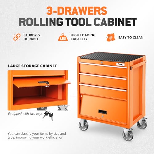 DNA MOTORING 3-Drawers Utility Rolling Tool Chest Cabinet with Wheels, Heavy Duty Industrial Service Cart Keyed Locking System, for Garage Warehouse Workshop, Orange, TOOLS-00400 DNA MOTORING