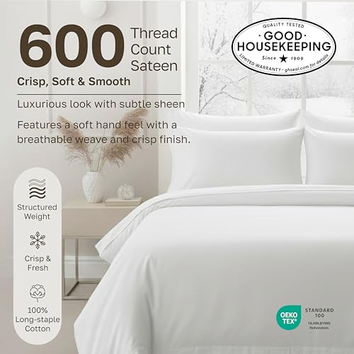 California Design Den Queen Sheet Set - Luxury 600 Thread Count Sateen, 100% Cotton Deep Pocket Queen Sheets with All Around Elastic, Snug Fit, Hotel Quality Bedding Set - White