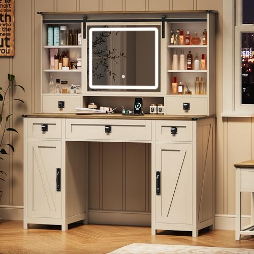 Farmhouse Makeup Vanity Desk with Sliding Mirror and Lights, 47.2" Big Vanity Table with Charging Station, Makeup Desk with 5 Drawers & 2 Cabinets, White MSmask