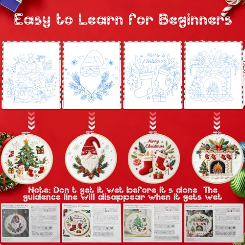 QCCTPUU 4 Sets Christmas Embroidery Kits, Beginner Embroidery Kit for Adults, Cross Stitch Kits for Beginners with Hand Embroidery Tools(Instructions, Needles, Threads