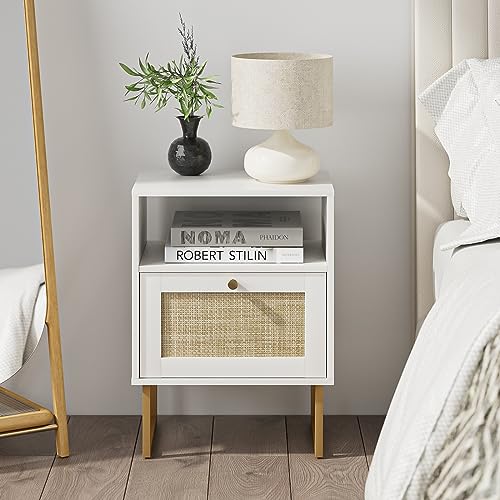 Masupu Rattan Nightstand,Modern Boho Farmhouse Wood Bedside Table with Storage Drawer and Open Shelf,Small Gold Frame Side End Table for Bedroom,Living Room,Office(White) Masupu