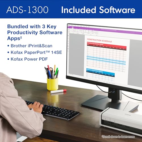 Brother ADS-1300 Compact Desktop Scanner | Scan Speeds of Up to 30ppm | Single Pass Double-Sided Scanning Brother