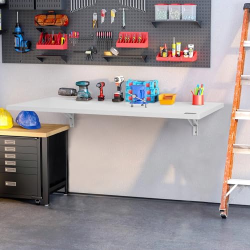 VEVOR Wall Mounted Folding Table, 47.24" x 19.69" Wall Mount Drop Leaf Table, Floating Desk with Iron Bracket, Fold Down Desk for Small Spaces, Home Office, Dining, Laundry Room, Kitchen, Bar, White VEVOR