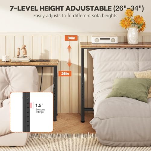 SEFILENCE 102.4’’ Narrow Console Table with 26"–34" Height Adjustable, Behind Couch Table Skinny with 2 Power Outlets and USB Ports, Long Sofa Tables for Living Room and Small Spaces, Rustic Brown SEFILENCE
